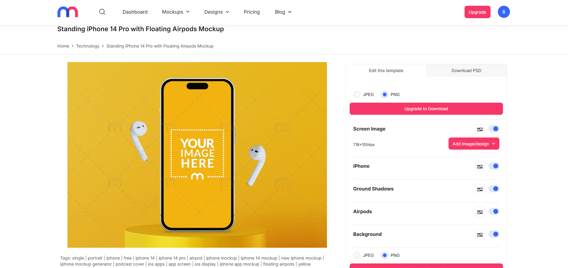 Standing iPhone 14 Pro with Floating Airpods Mockup